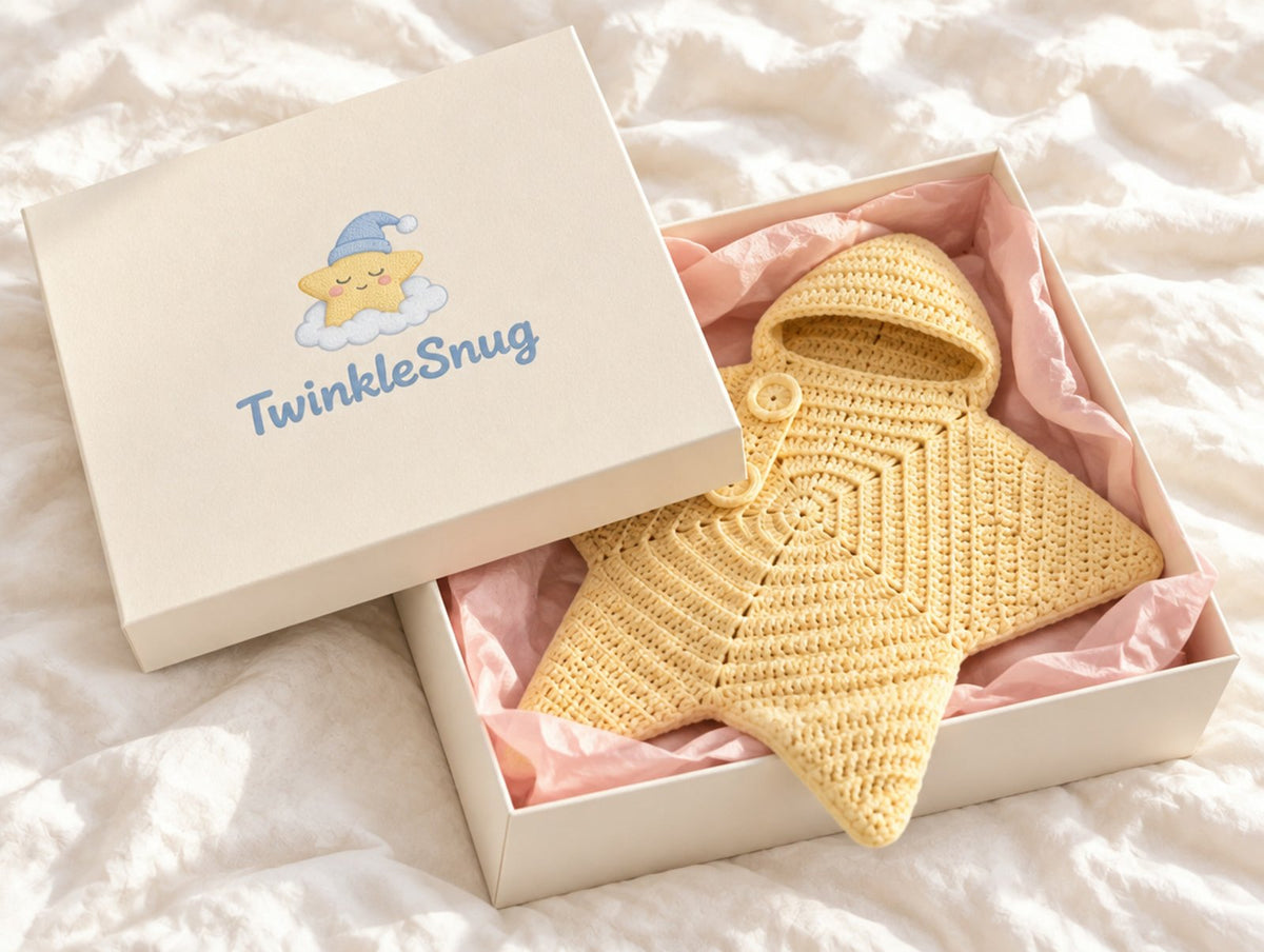 TwinkleSnug gift box with the yellow star sleeping bag in blush tissue paper
