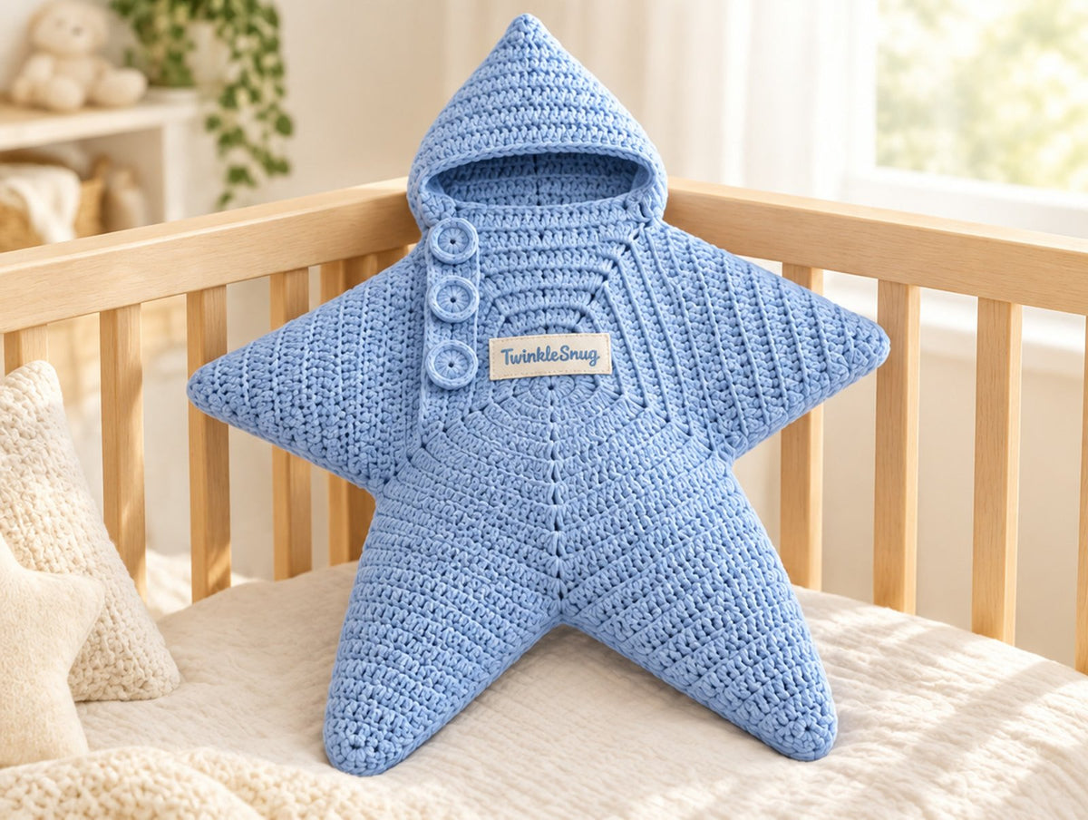 The Star Sleeping Bag in Powder Blue, in a crib