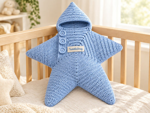 The Star Sleeping Bag in Powder Blue, in a crib